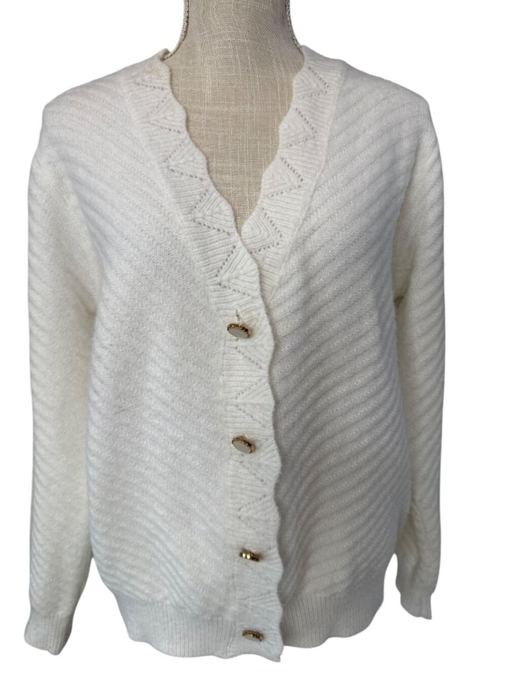 Anna Kay Womens White Cardigan Sweater Size L With Gold Button Accents